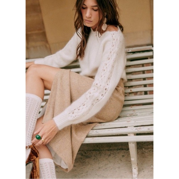 SEZANE Ecru Cream Mohair Wool Scalloped Lace Panel Balloon Sleeve Stacy Sweater - Picture 17 of 17